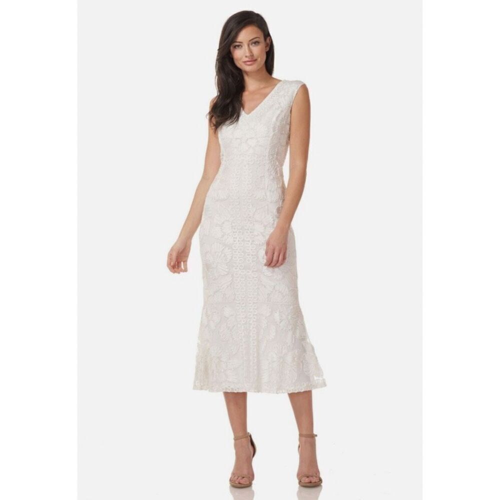 NWT JS Collections Beaded Dress 6 Ivory Midi Embroidered Bridal Wedding Guest